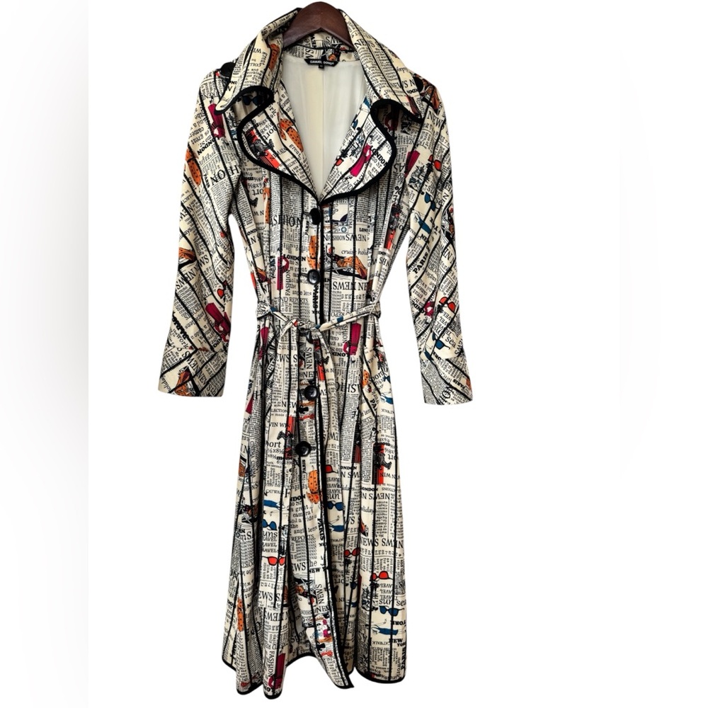 Samuel Dong Newspaper Print Trench Coat Dress XS Belted Pleated Back Paris Chic